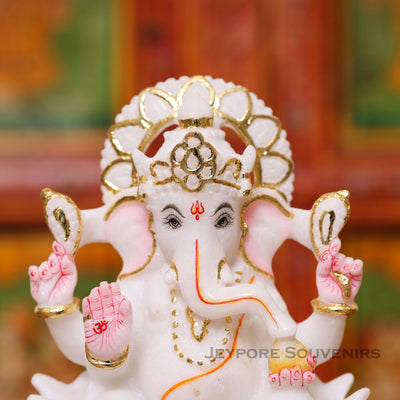 8" Pure White Marble Handmade Ganesha Statue for Home Temple & Office