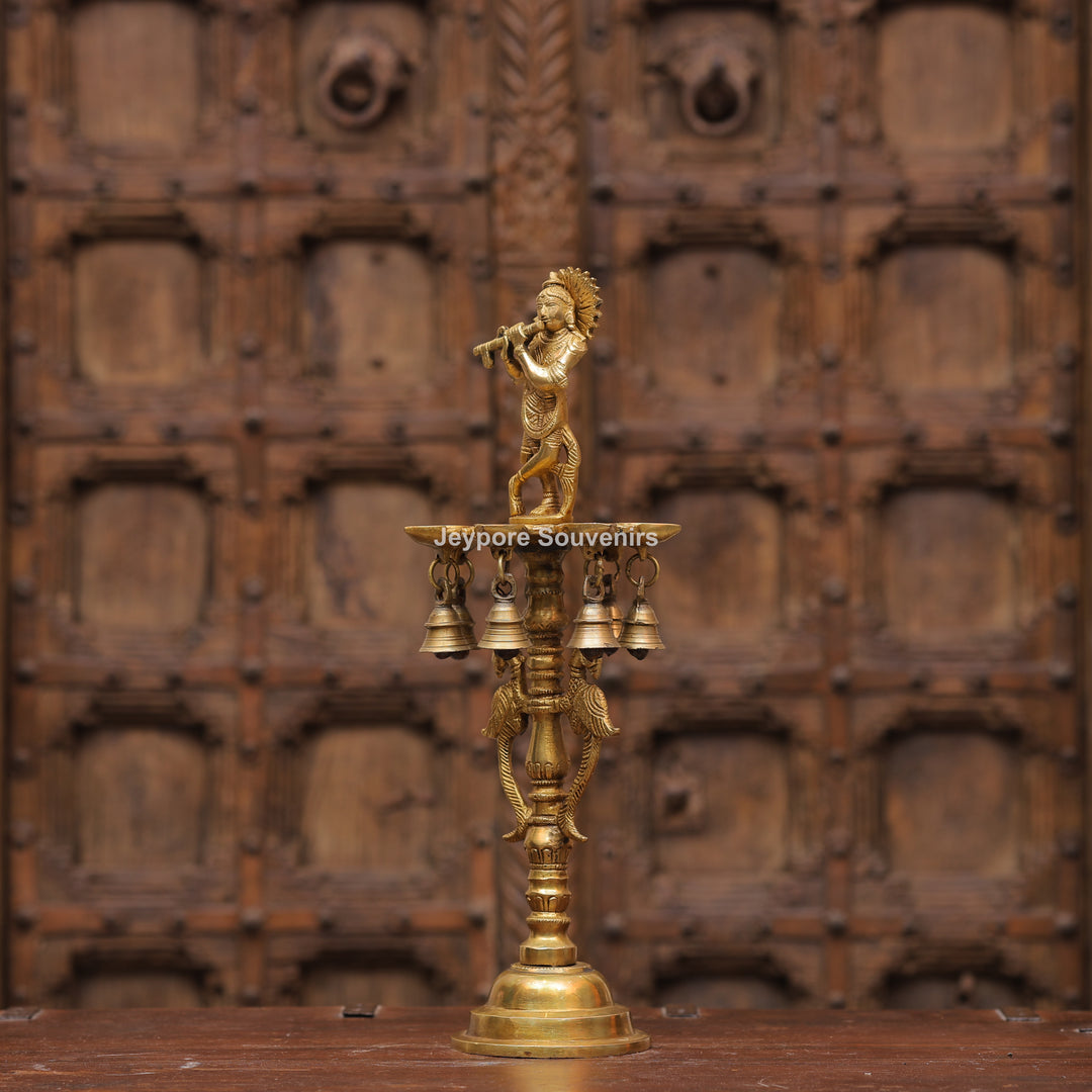 Handcrafted Brass Krishna Flute Oil Lamp with Hanging Bells