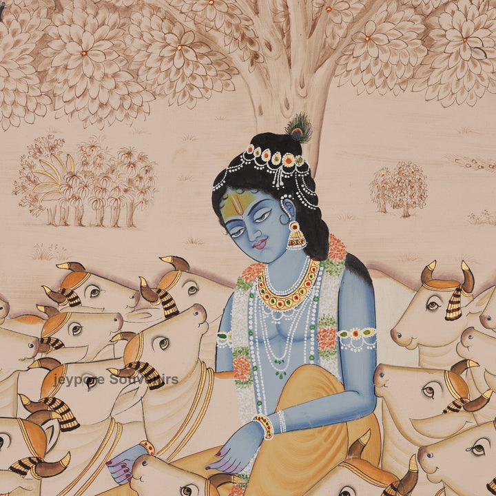 Hand-Painted Krishna Among Devoted Cows - Pichwai