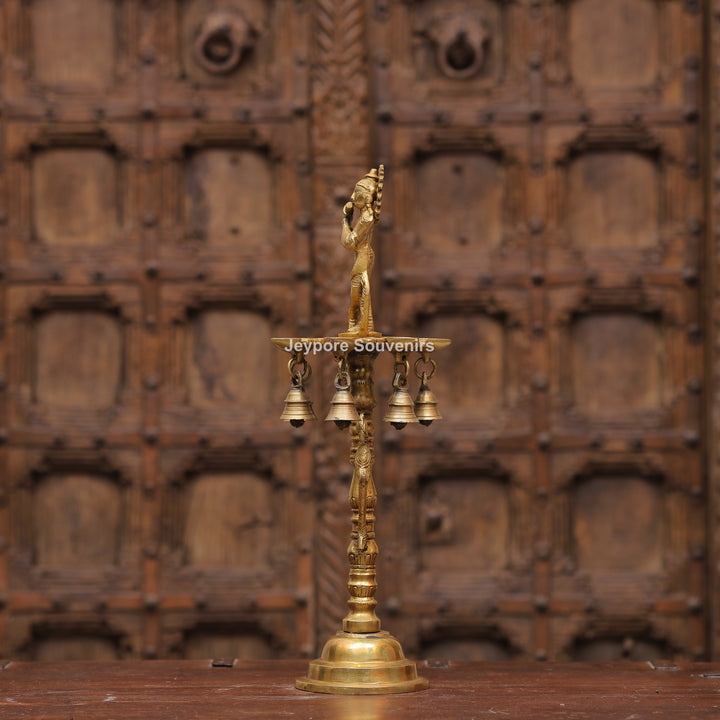 Handcrafted Brass Krishna Flute Oil Lamp with Hanging Bells
