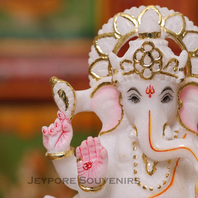 8" Pure White Marble Handmade Ganesha Statue for Home Temple & Office