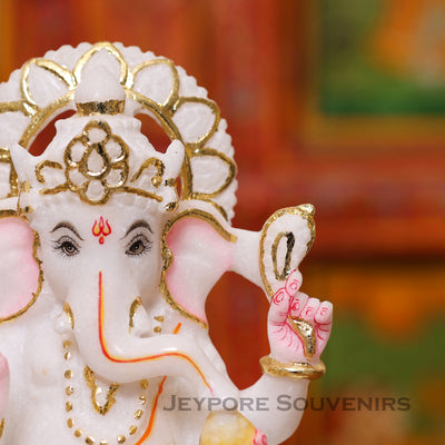 8" Pure White Marble Handmade Ganesha Statue for Home Temple & Office