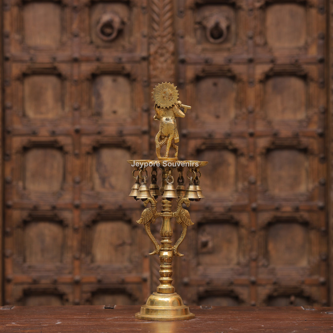 Handcrafted Brass Krishna Flute Oil Lamp with Hanging Bells