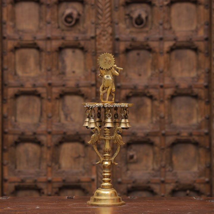 Handcrafted Brass Krishna Flute Oil Lamp with Hanging Bells