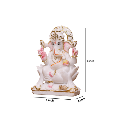 8" Pure White Marble Handmade Ganesha Statue for Home Temple & Office