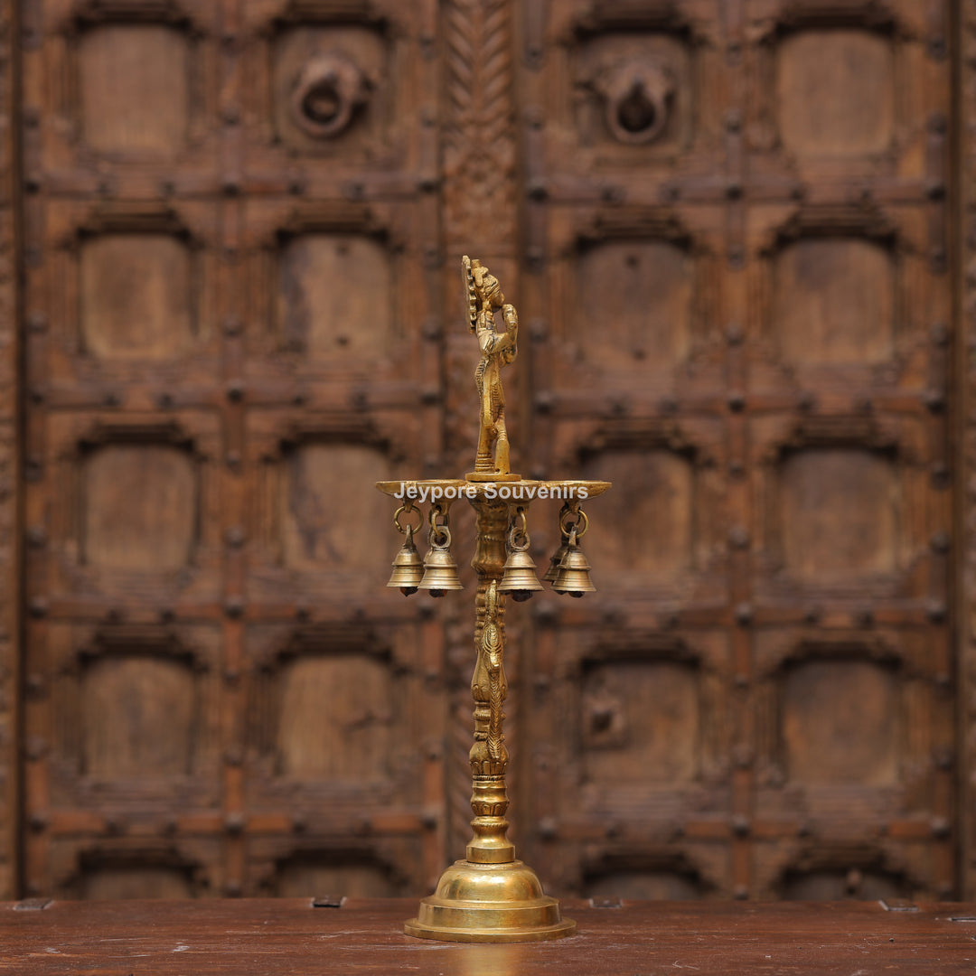 Handcrafted Brass Krishna Flute Oil Lamp with Hanging Bells