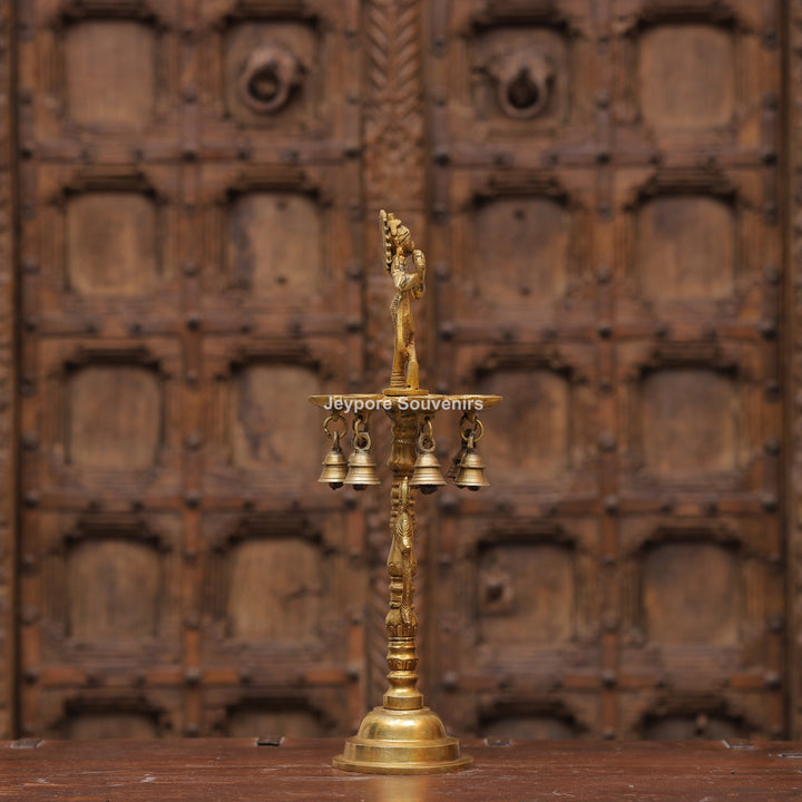Handcrafted Brass Krishna Flute Oil Lamp with Hanging Bells