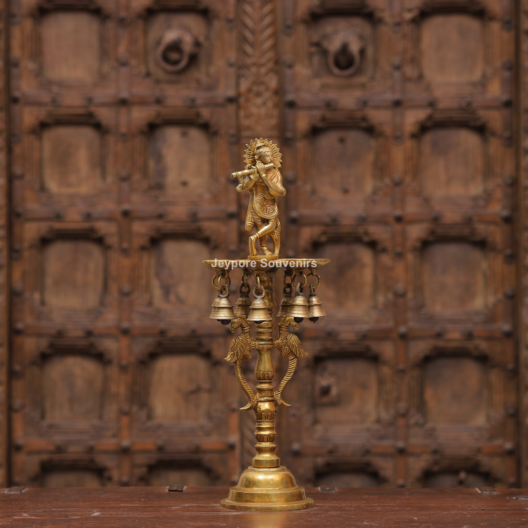Handcrafted Brass Krishna Flute Oil Lamp with Hanging Bells