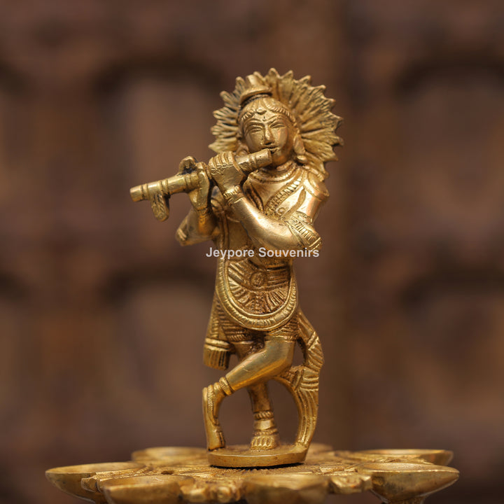 Handcrafted Brass Krishna Flute Oil Lamp with Hanging Bells