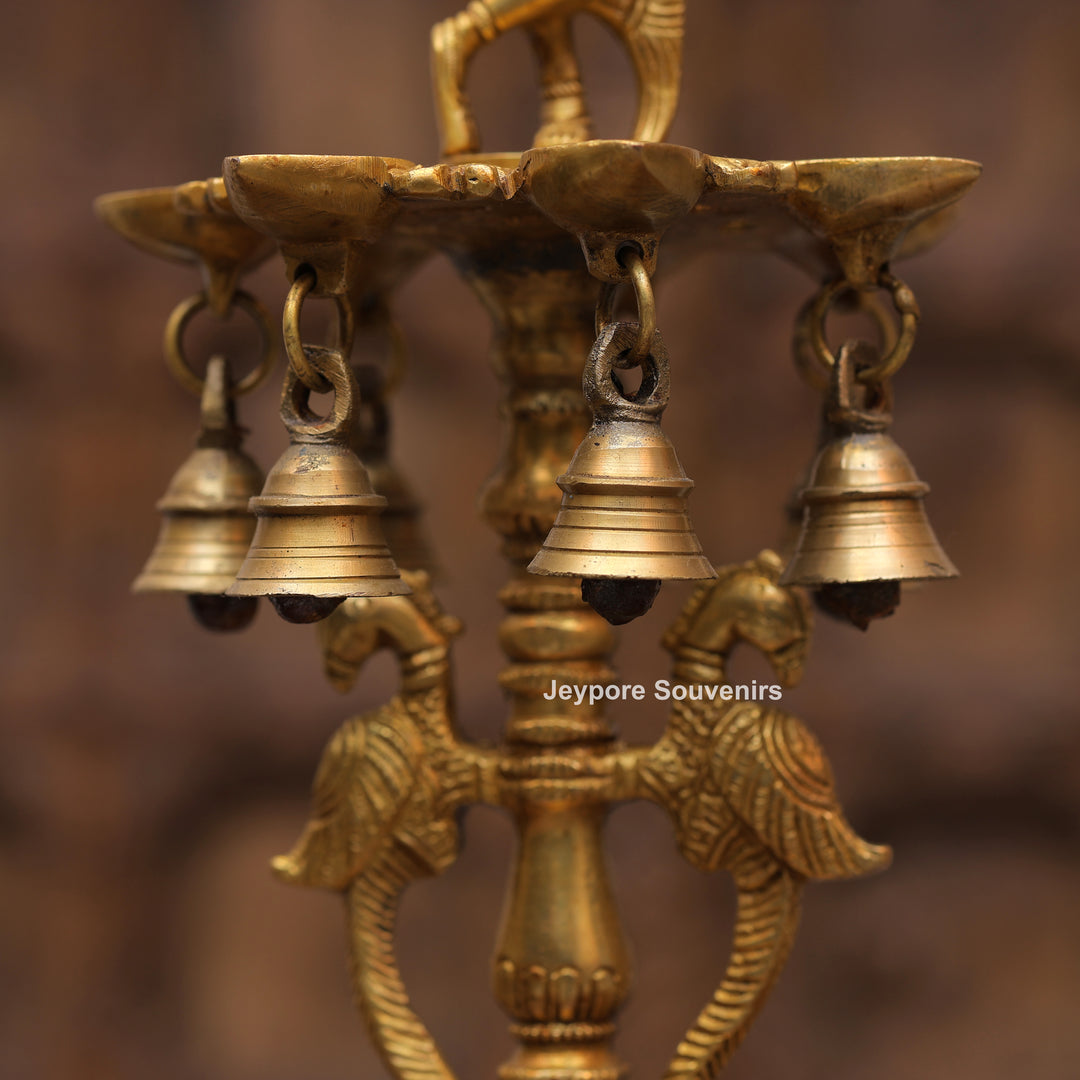 Handcrafted Brass Krishna Flute Oil Lamp with Hanging Bells
