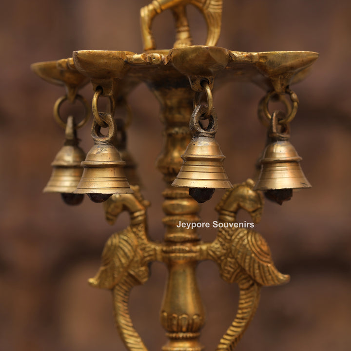 Handcrafted Brass Krishna Flute Oil Lamp with Hanging Bells