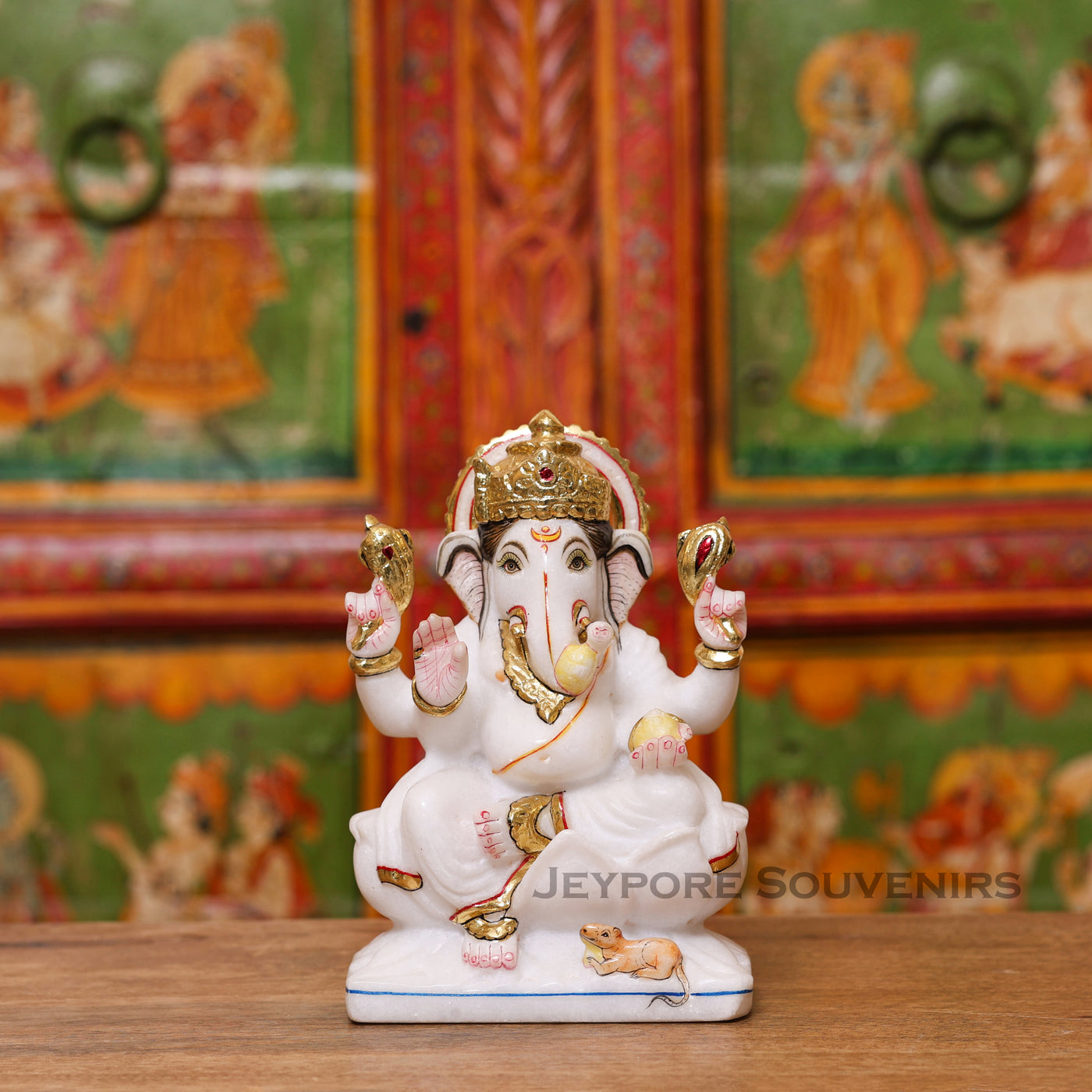 8" Handcrafted White Marble Lord Ganesha Idol with Real Gold Leaf Work