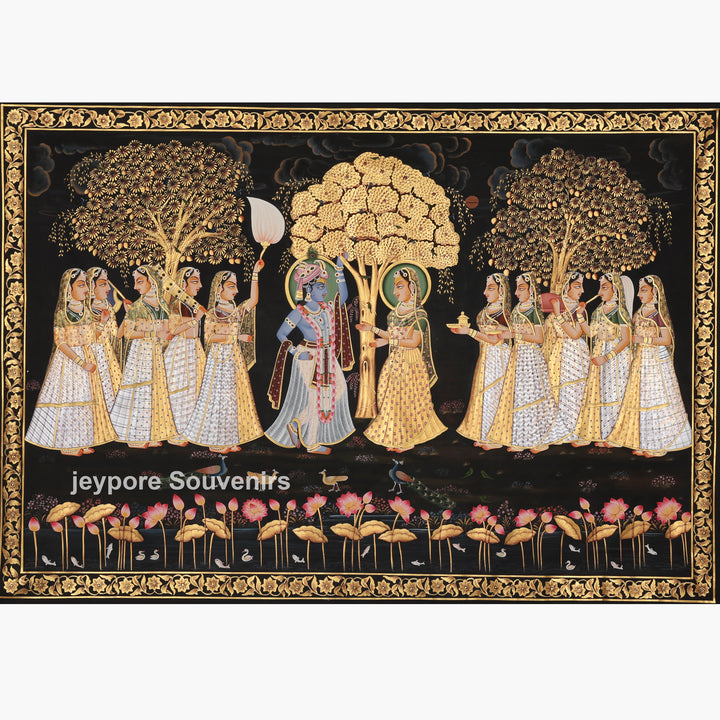 Krishna and Radha with Devotees – Hand-Painted Pichwai