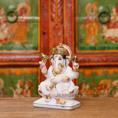 8" Handcrafted White Marble Lord Ganesha Idol with Real Gold Leaf Work