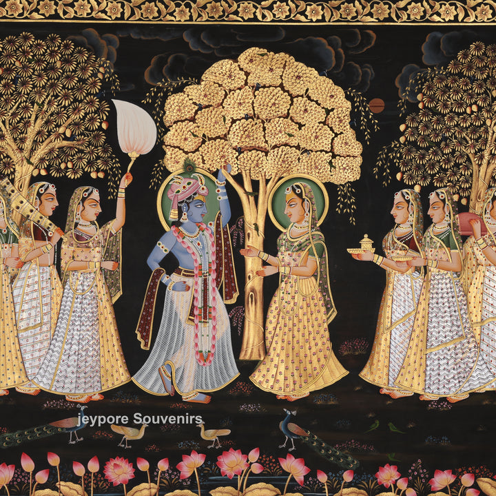Krishna and Radha with Devotees – Hand-Painted Pichwai