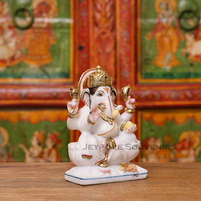 8" Handcrafted White Marble Lord Ganesha Idol with Real Gold Leaf Work