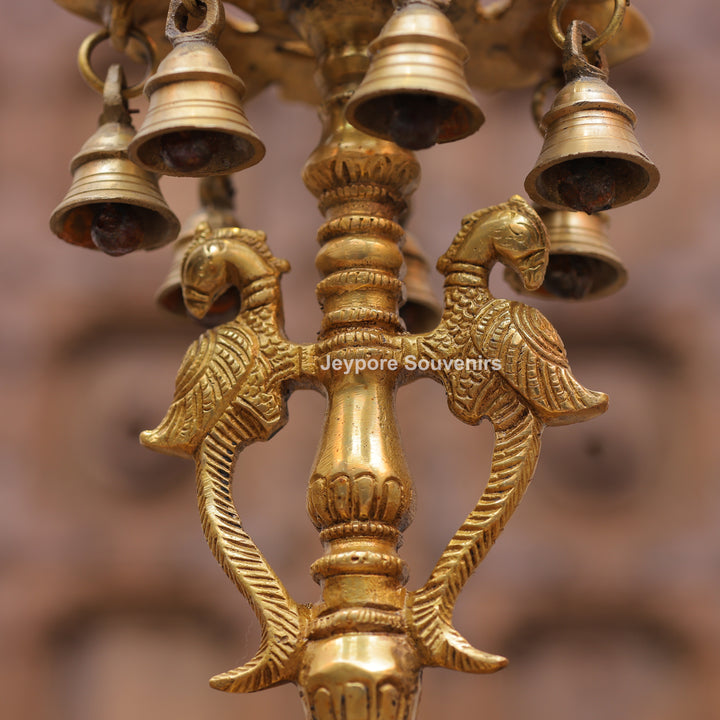Handcrafted Brass Krishna Flute Oil Lamp with Hanging Bells