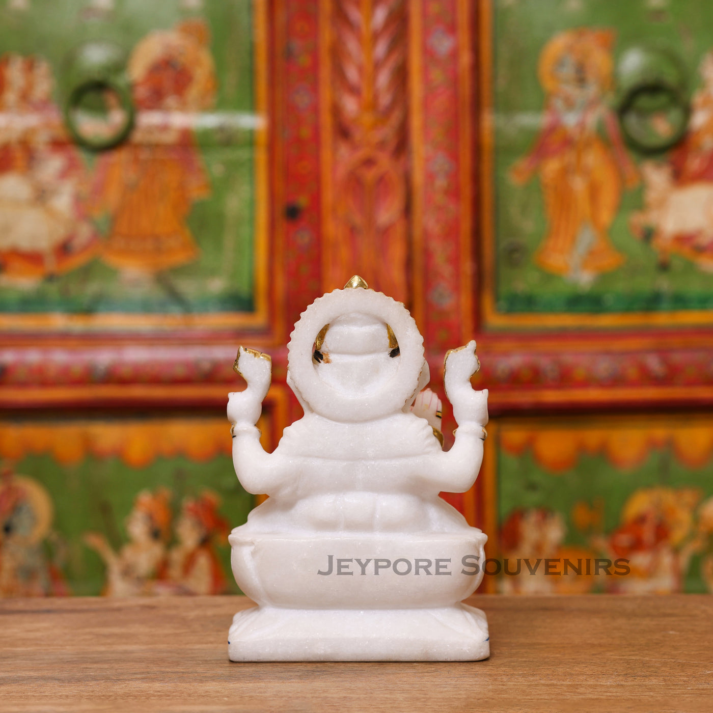 8" Handcrafted White Marble Lord Ganesha Idol with Real Gold Leaf Work