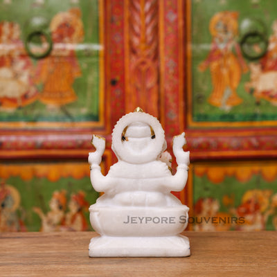 8" Handcrafted White Marble Lord Ganesha Idol with Real Gold Leaf Work