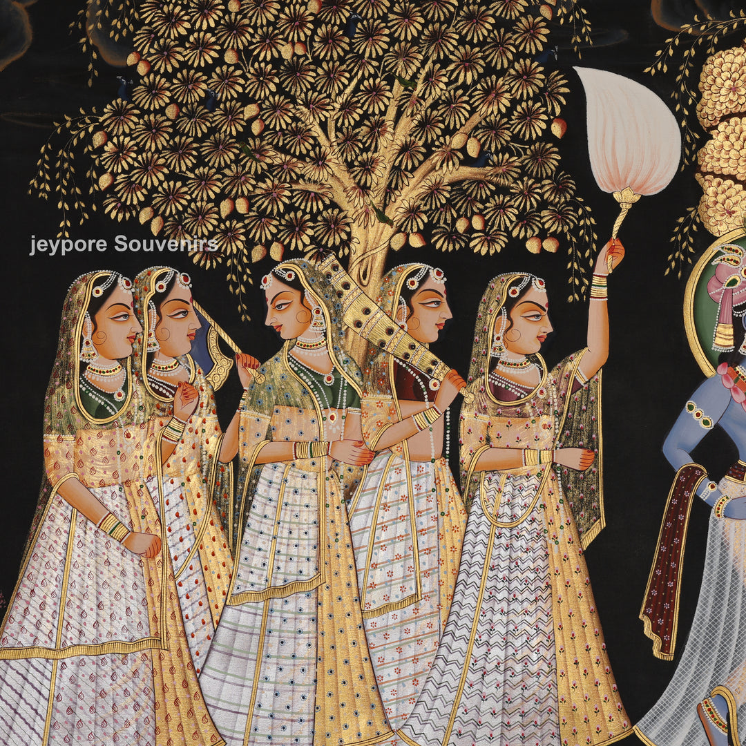 Krishna and Radha with Devotees – Hand-Painted Pichwai
