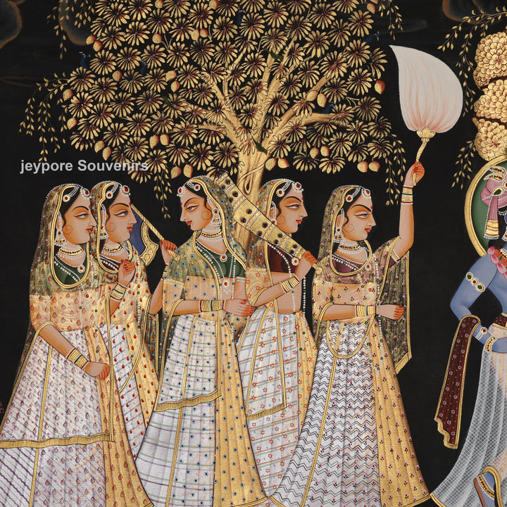 Krishna and Radha with Devotees – Hand-Painted Pichwai