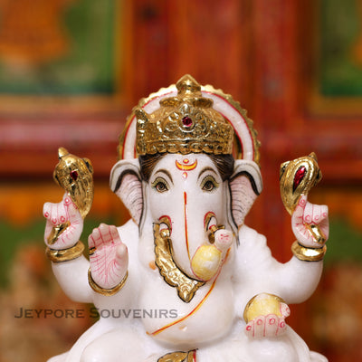 8" Handcrafted White Marble Lord Ganesha Idol with Real Gold Leaf Work