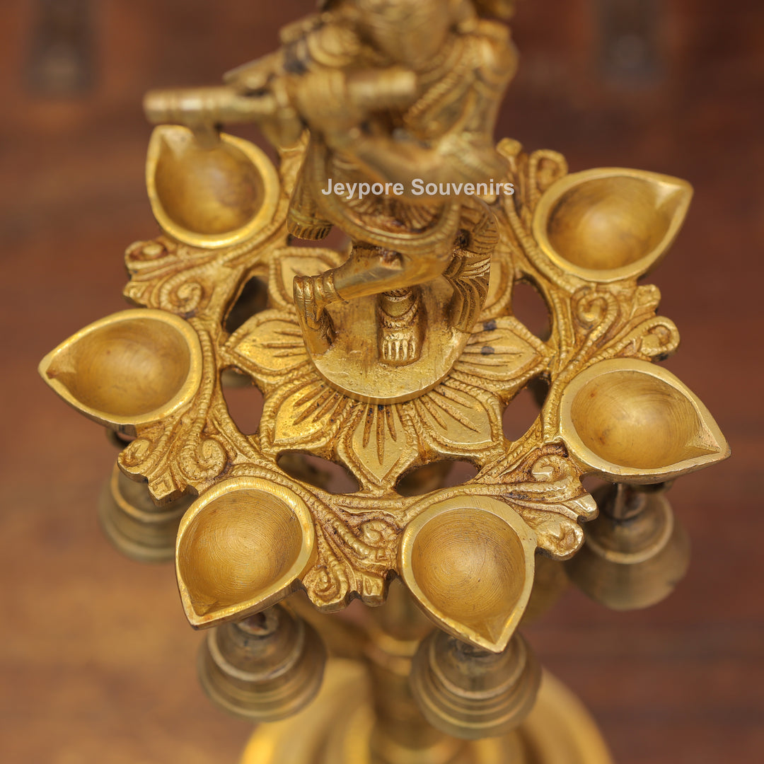 Handcrafted Brass Krishna Flute Oil Lamp with Hanging Bells
