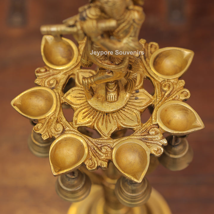 Handcrafted Brass Krishna Flute Oil Lamp with Hanging Bells
