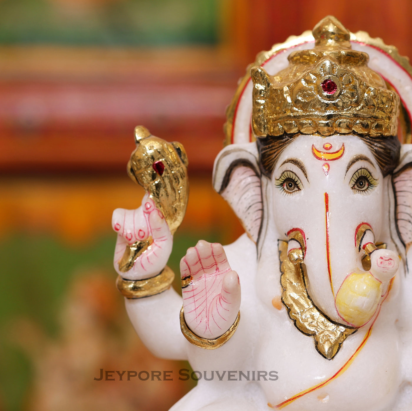 8" Handcrafted White Marble Lord Ganesha Idol with Real Gold Leaf Work