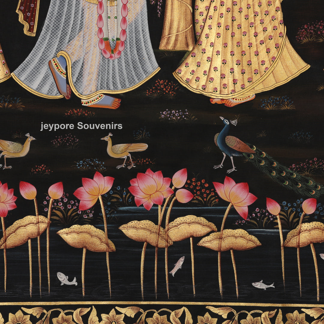 Krishna and Radha with Devotees – Hand-Painted Pichwai