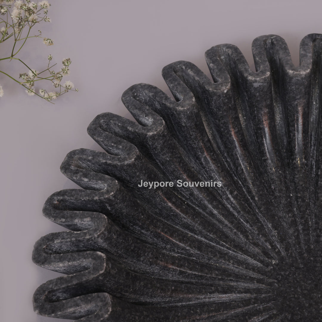 Handcrafted Black Marble Fluted Urli Bowl with Scalloped Ruffled Edge