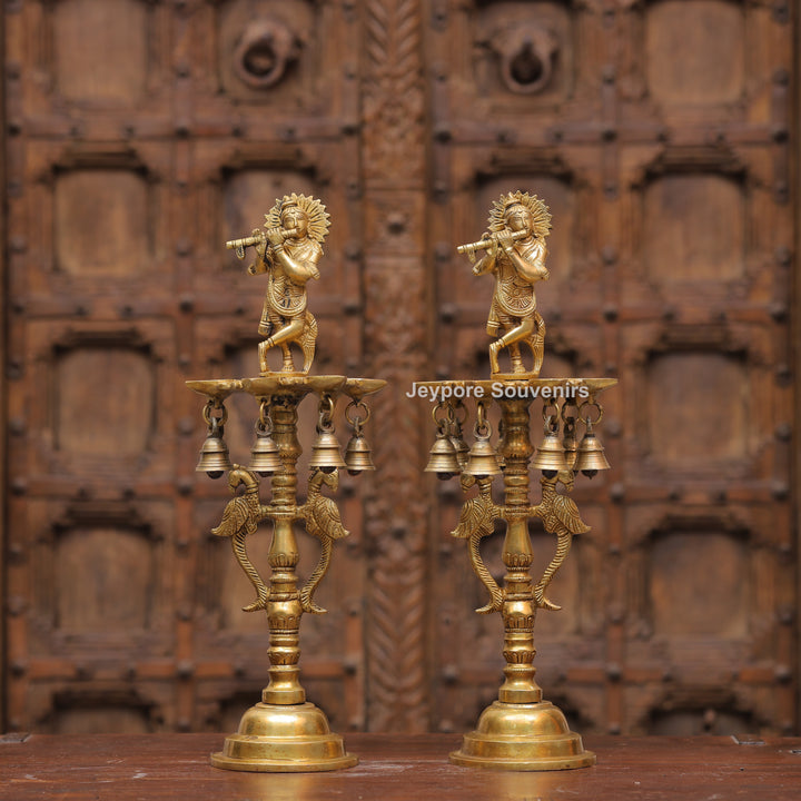 Handcrafted Brass Krishna Flute Oil Lamp with Hanging Bells