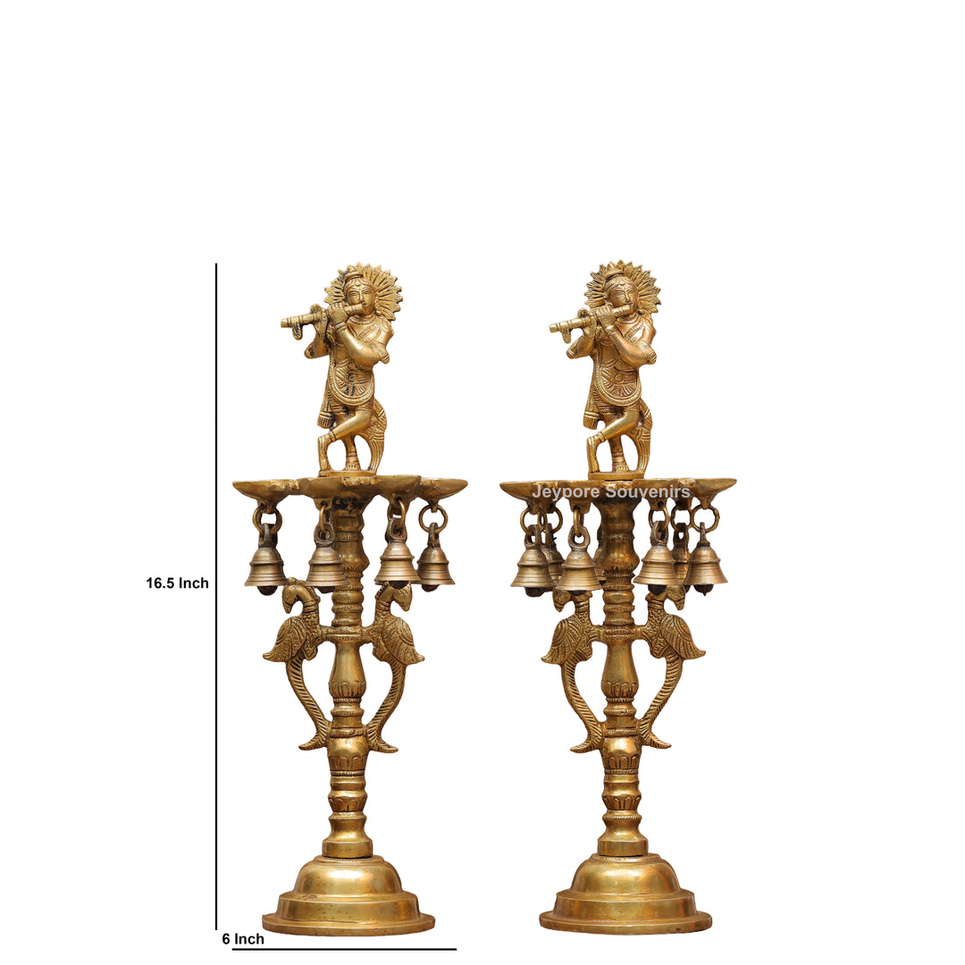 Handcrafted Brass Krishna Flute Oil Lamp with Hanging Bells