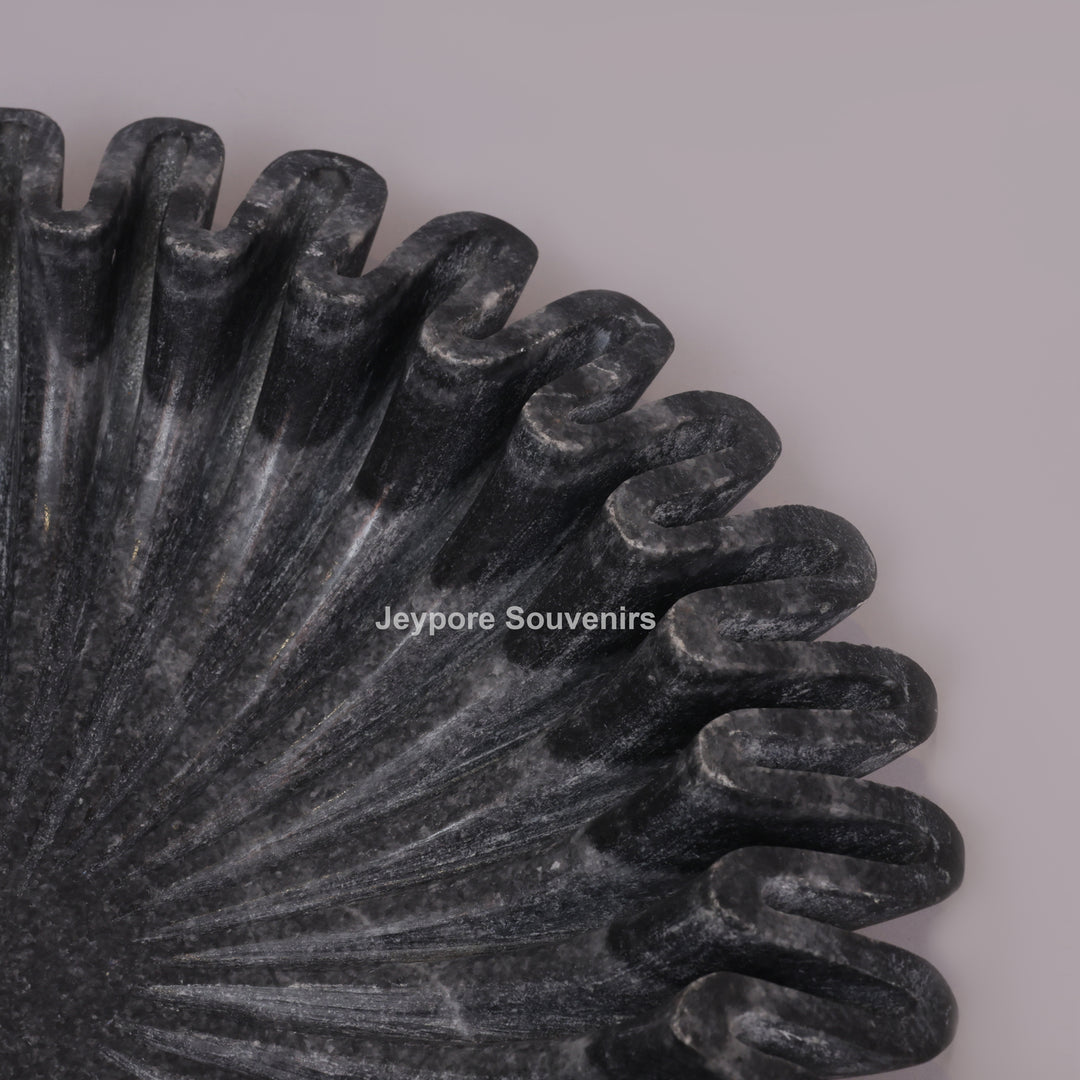 Handcrafted Black Marble Fluted Urli Bowl with Scalloped Ruffled Edge