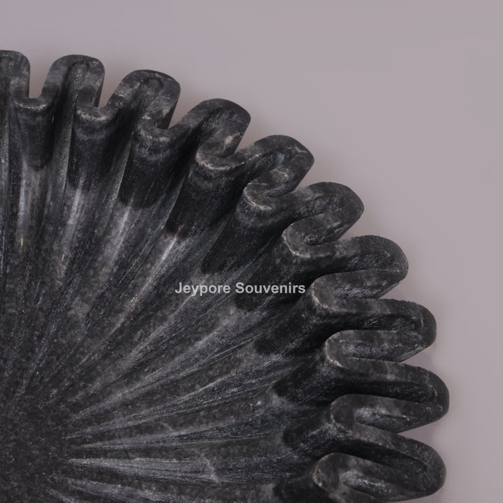 Handcrafted Black Marble Fluted Urli Bowl with Scalloped Ruffled Edge