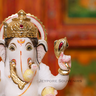 8" Handcrafted White Marble Lord Ganesha Idol with Real Gold Leaf Work