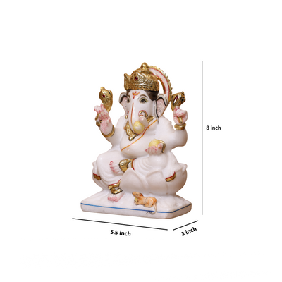 8" Handcrafted White Marble Lord Ganesha Idol with Real Gold Leaf Work