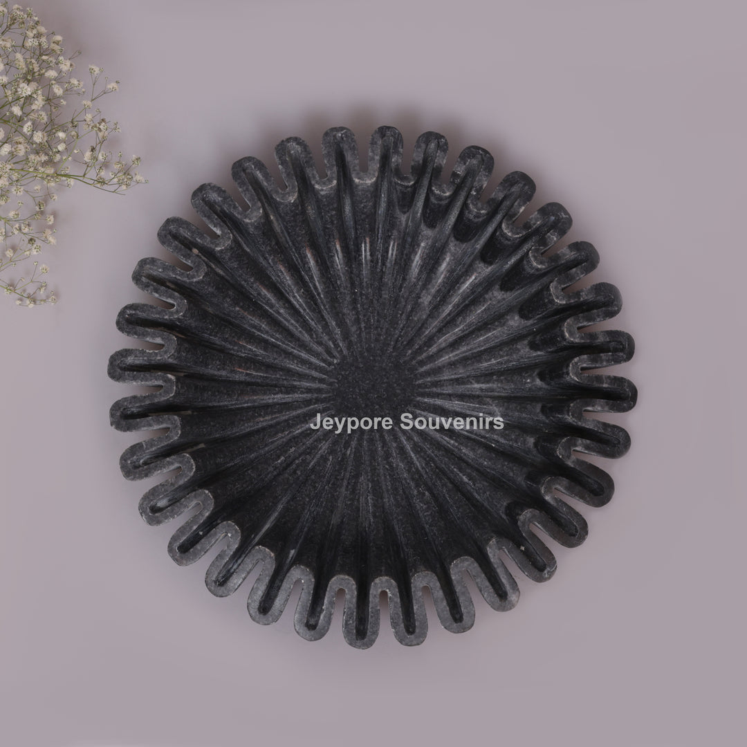 Handcrafted Black Marble Fluted Urli Bowl with Scalloped Ruffled Edge