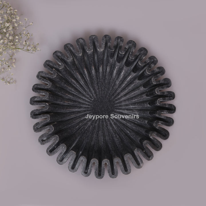 Handcrafted Black Marble Fluted Urli Bowl with Scalloped Ruffled Edge