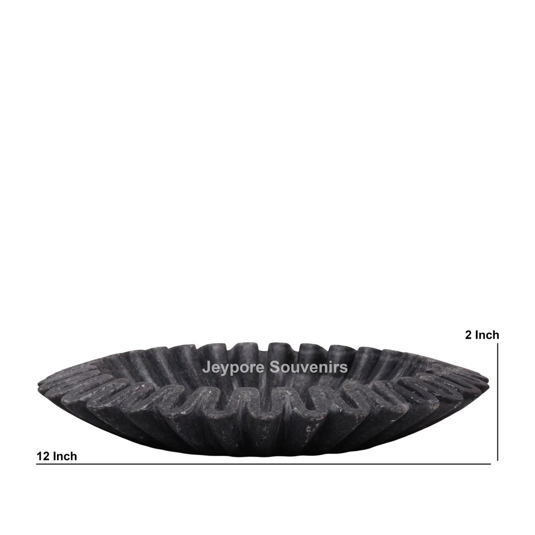 Handcrafted Black Marble Fluted Urli Bowl with Scalloped Ruffled Edge