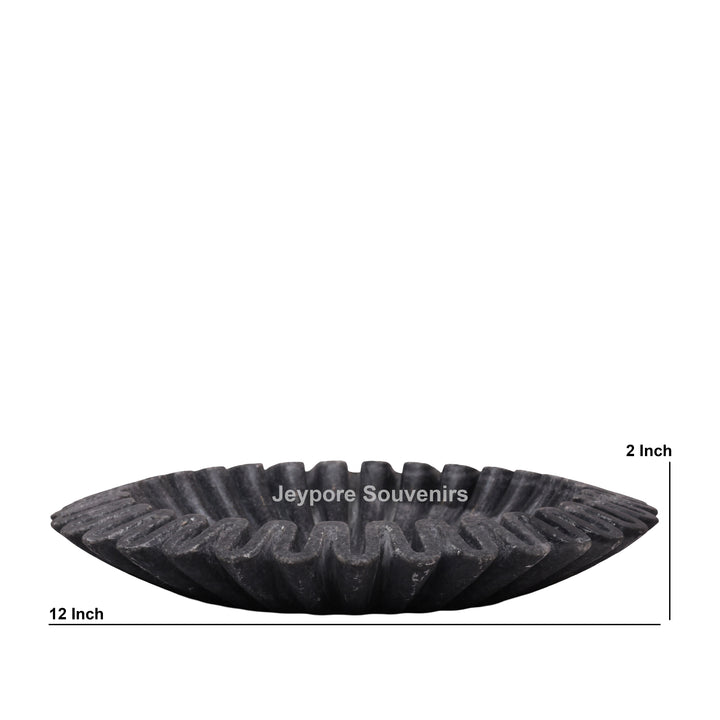 Handcrafted Black Marble Fluted Urli Bowl with Scalloped Ruffled Edge