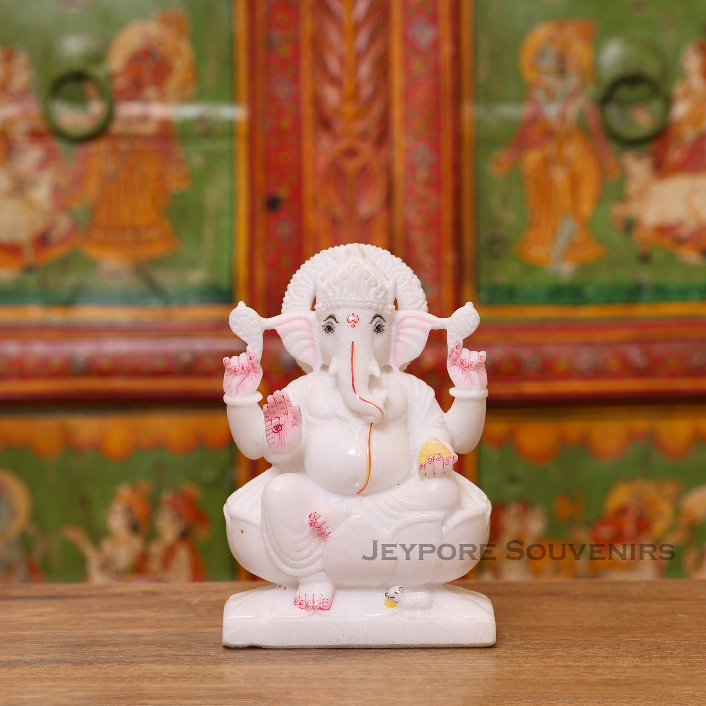 8" Handcrafted White Marble Lotus Base Lord Ganesha Idol