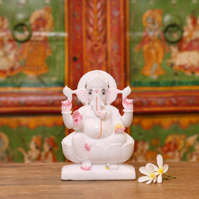 8" Handcrafted White Marble Lotus Base Lord Ganesha Idol