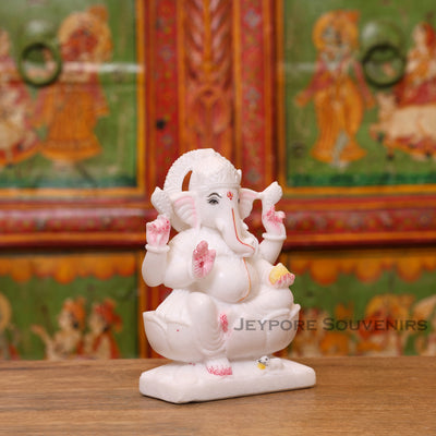 8" Handcrafted White Marble Lotus Base Lord Ganesha Idol
