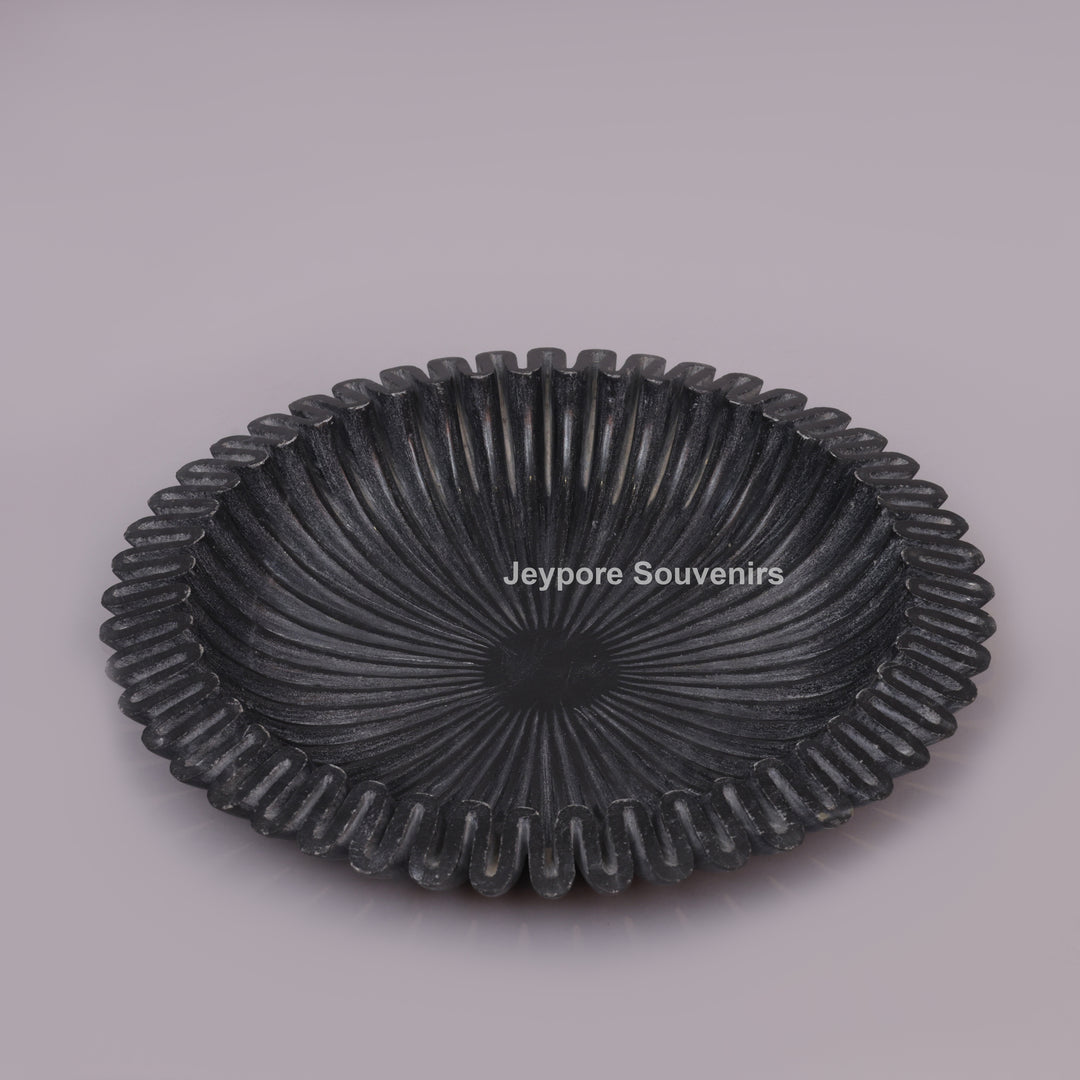 Black Marble Ruffle Urli Bowl with Radiating Fluted Grooves