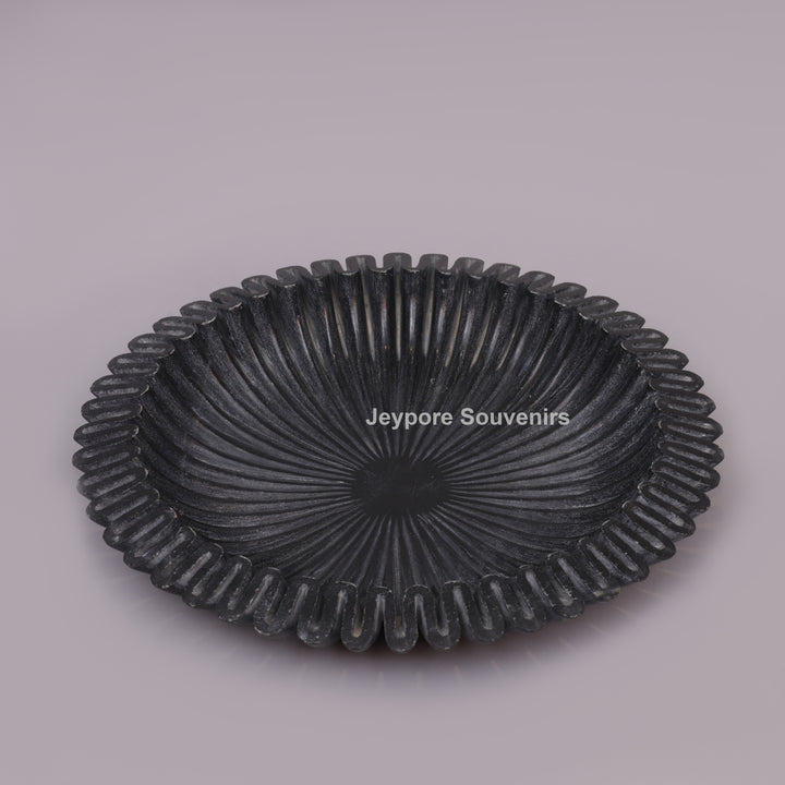 Black Marble Ruffle Urli Bowl with Radiating Fluted Grooves