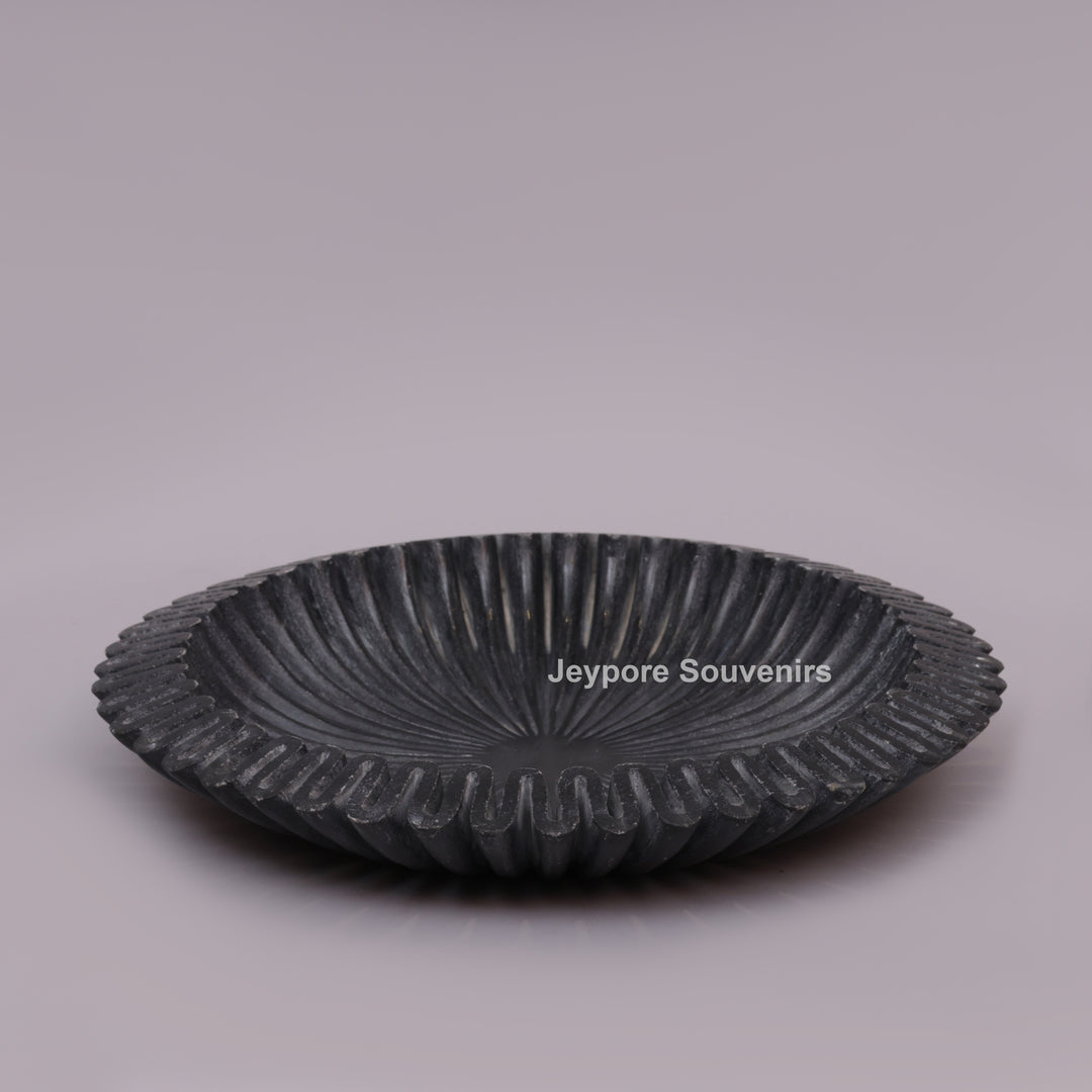Black Marble Ruffle Urli Bowl with Radiating Fluted Grooves