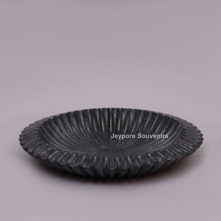 Black Marble Ruffle Urli Bowl with Radiating Fluted Grooves