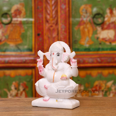 8" Handcrafted White Marble Lotus Base Lord Ganesha Idol