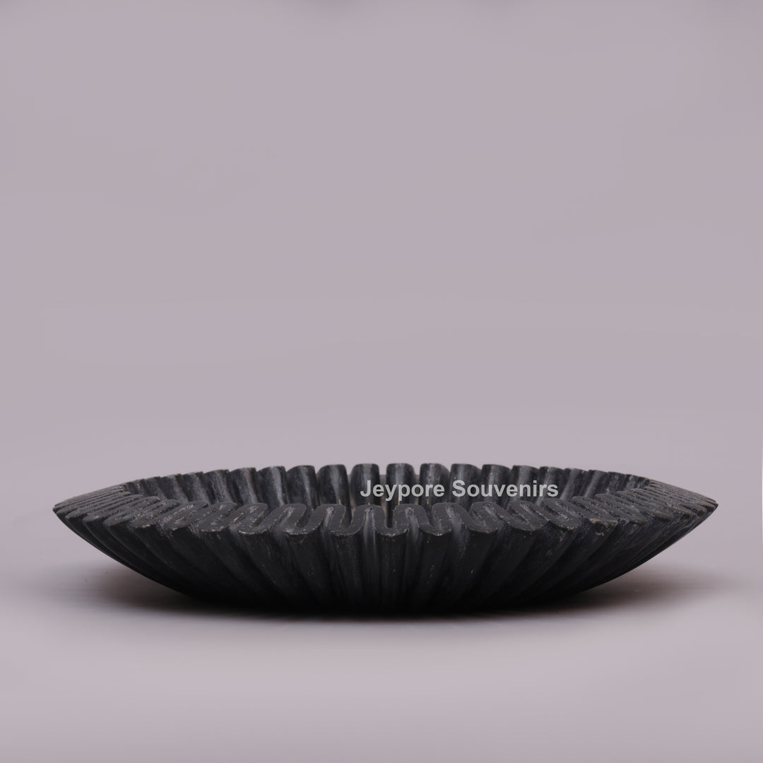 Black Marble Ruffle Urli Bowl with Radiating Fluted Grooves